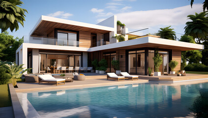 Fototapeta premium 3d rendering of a modern house with a swimming pool ai generative