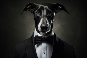 An elegant Greyhound draped in a tailored tuxedo, exuding sophistication and poise as it models the epitome of canine black-tie fashion.