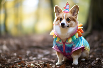 A charming Corgi wearing a whimsical unicorn costume, complete with a colorful horn and ethereal mane, transforming into a mythical canine creature.