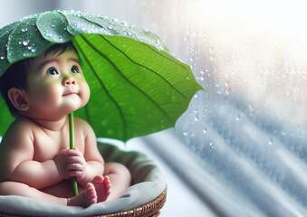 baby happy rain raindrops leaf like umbrella protection nature ecology pray cold - ai generated