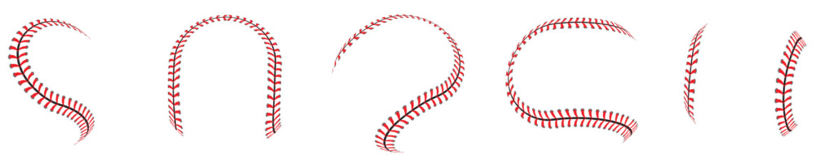 Creative vector illustration of sports baseball ball stitches, red lace seam isolated on transparent background. - obrazy, fototapety, plakaty