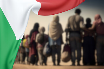 Flagge von Italien und eine Gruppe von Migranten