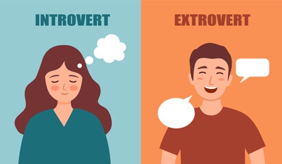 Man and woman with different personality types. Introvert and extrovert concept. - obrazy, fototapety, plakaty