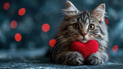 A red knitted heart in the paws of a cat. A postcard with a gray and black fluffy cat for Valentine's Day. - obrazy, fototapety, plakaty