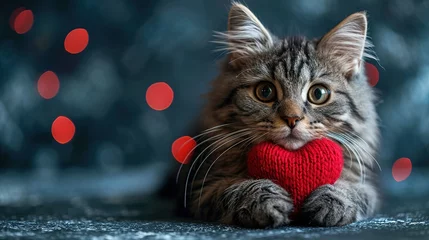 Tuinposter A red knitted heart in the paws of a cat. A postcard with a gray and black fluffy cat for Valentine's Day. © Vasiliy
