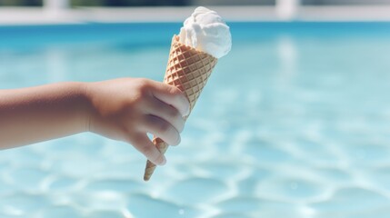 Child's hand Holding Ice Cream Cone Over Swimming Pool. Summer mood.