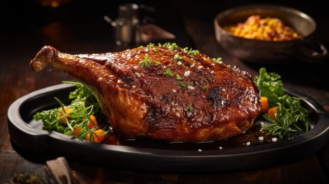 In this visually pleasing food shot, a succulent bonein duck leg takes center stage, roasted until the skin is crispy and golden. The meat remains moist and tender, exuding a richness that