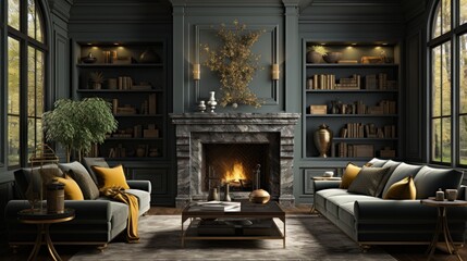 The living room interior is gray and features a gray sofa on dark hardwood floors facing a stone fireplace