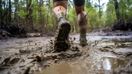 Splashing through a murky swamp, the feet sinking into the squishy mud with each step.