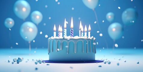 birthday cake with candles with blue background in 3d