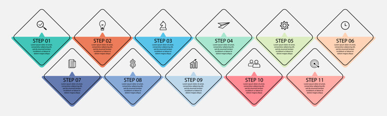 business infographic 11 parts or steps, there are icons, text, numbers. Can be used for presentation banners, workflow layouts, process diagrams, flow charts, info graphics, your business presentation
