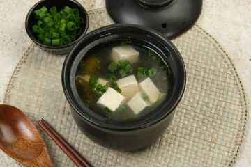 homemade Japanese miso soup in a bowl on the table.