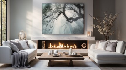 Elegant white living room with fireplace, table and sofa, panorama, marble walls