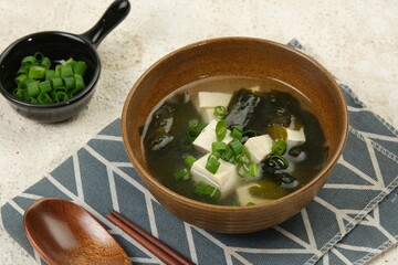 homemade Japanese miso soup in a bowl on the table.