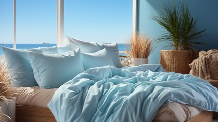 White pillows, blanket and duvet cover on blue bed. Bed messy. - obrazy, fototapety, plakaty