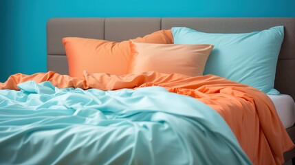White pillows, blanket and duvet cover on blue bed. Bed messy.