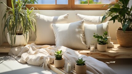White pillows on wooden bed with plants and round rug.