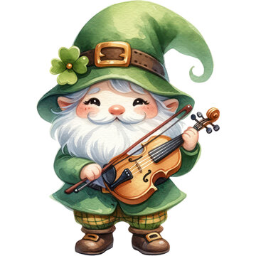 St Patrick's Day, Cute Green Garden Gnome perform fiddle in St Patrick's Day Theme PNG Clipart
