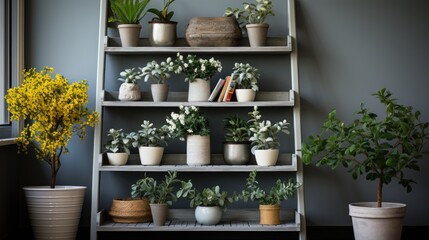 White wooden shelves with books, decorations and fresh plants stand in the corner of the room
