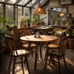 Wooden chairs at table with cutlery in dining room with mirror