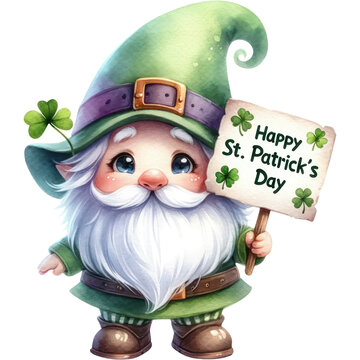 St Patrick's Day, Cute Green Garden Gnome with a wooden sign of St Patrick's Day PNG Clipart