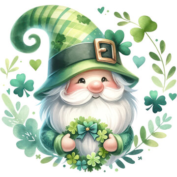 St Patrick's Day, Cute Green Garden Gnome with green shamrock wreath in St Patrick's Day Theme PNG Clipart