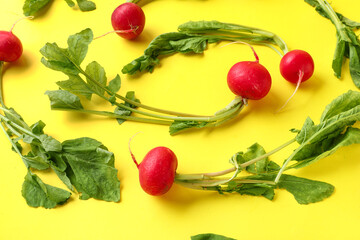 Texture of fresh radishes with leaves