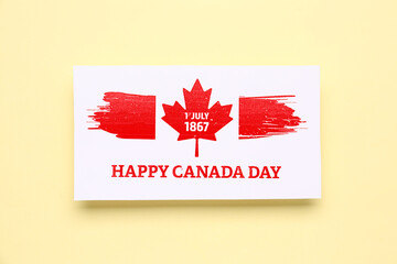 Card with text HAPPY CANADA DAY and date 1 JULY 1867 on yellow background
