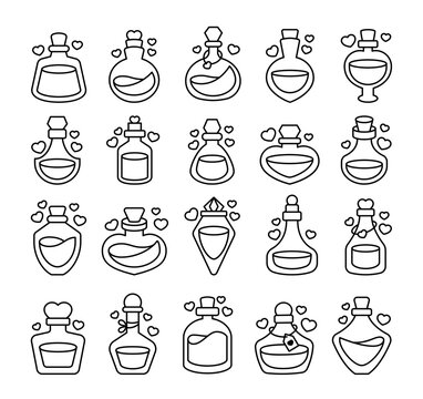 Love potion. Coloring Page. Stoppered glass bulb with heart. Aphrodisiac flask. Valentine's day. Hand drawn style. Vector drawing. Collection of design elements.