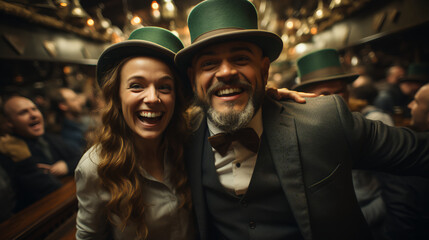 Obraz premium Couple celebrating Saint Patrick’;s Day - Party - Festival - Parade - Green outfits - March - Holiday - Vacation - Pub - Bar 