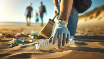 Coastal Cleanup Effort – Person Removing Plastic Waste, Ocean Conservation in Action.
