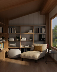 A cosy living room with a comfortable couch, bookshelves, a parquet floor, and a wooden ceiling.