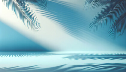 Fototapeta na wymiar Serene Tropical Shadow Wallpaper – Palm Fronds Pattern with Blue Gradient Background.background, abstract, gradient, leaf, palm, shadow, blue, backdrop, tropical, plant, light, foliage, natural