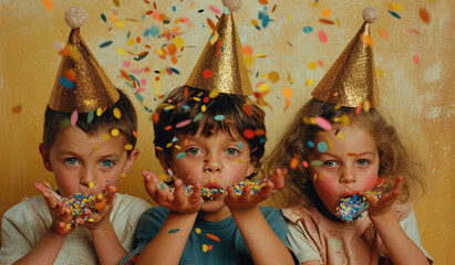 kids in party hats and confetti