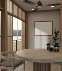 Copy space on a hardwood table in a cosy, Scandinavian room. Home dining room.