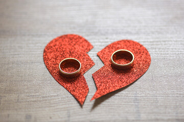 Divorce concept. Broken red paper heart and wedding rings on wooden background.