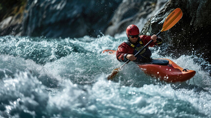 With a look of intense focus on their face, the kayaker plunges over a steep drop, white water churning all around them.