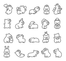 Kawaii happy capybara. Coloring Page. Cute cartoon funny animals character. Hand drawn style. Vector drawing. Collection of design elements.