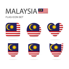 Malaysia 3d flag icons of 6 shapes all isolated on white background.