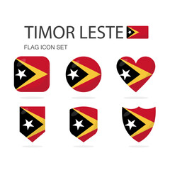 Timor Leste 3d flag icons of 6 shapes all isolated on white background.