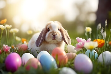 Cute easter bunny and easter eggs in the meadow. Easter decoration, easter greeting card, poster or background. Generative AI.