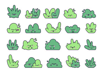 Kawaii cute lawn bush. Cartoon plant grass character. Hand drawn style. Vector drawing. Collection of design elements.