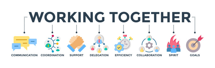 Working together banner concept with icon of communication, coordination, support, delegation, efficiency, collaboration, teamwork, spirit, and goals. Web icon vector illustration 