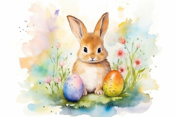 Easter bunny and easter eggs in watercolor painted style. Easter decoration, easter greeting card, poster or background. Generative AI.