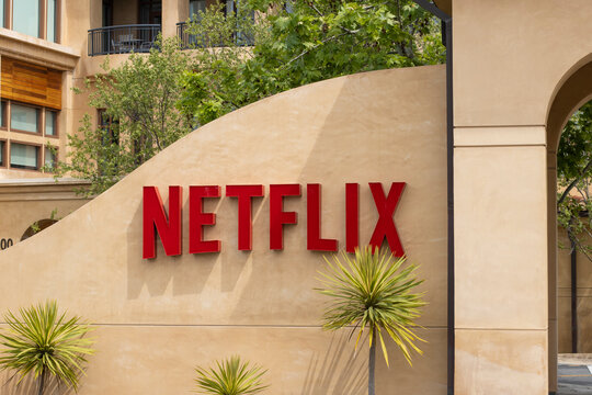 Los Gatos, CA, USA - May 5, 2022: Netflix logo is seen at the main entrance to the its headquarters in Los Gatos, California. Netflix is a subscription video on-demand over-the-top streaming service.