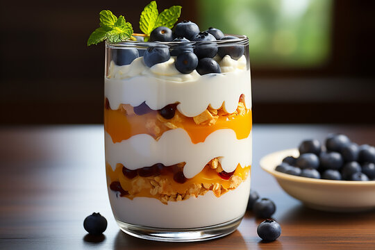 Healthy peach and blueberry parfait in a mason jar