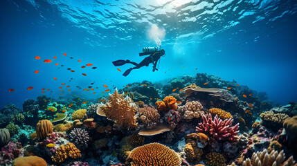 Naklejka na ściany i meble Man dives and swims underwater near the vivid coral reef