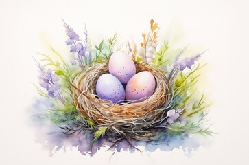 Fototapeta na wymiar Colorful of easter eggs in nest in watercolor painted style. Easter decoration, easter card, top view background. Generative AI.