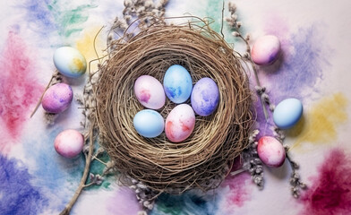 Colorful of easter eggs in nest in watercolor painted style. Easter decoration, easter card, top view background. Generative AI.