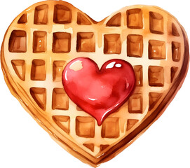 Watercolor valentine waffle with a heart shaped honey jam topping for holiday sweet food dessert decoration